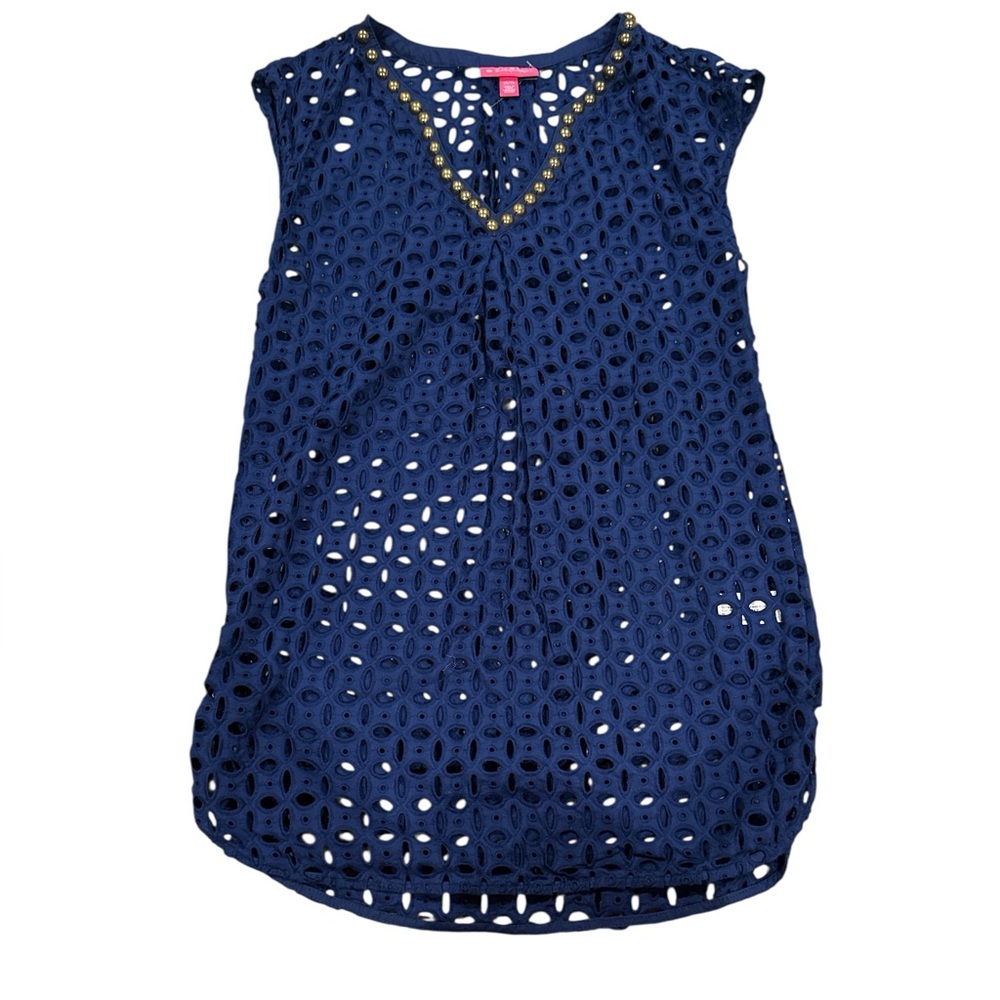 LILLY PULITZER Target Navy BLUE Eyelet SWIMWEAR COVERUP Top with Gold Detail XS